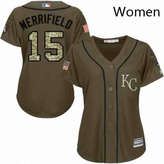 Womens Majestic Kansas City Royals 15 Whit Merrifield Authentic Green Salute to Service MLB Jersey